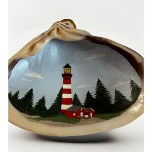 Hand Painted Signed Cape Cod Lighthouse Oval Christmas Ornament Clam Shell 5”